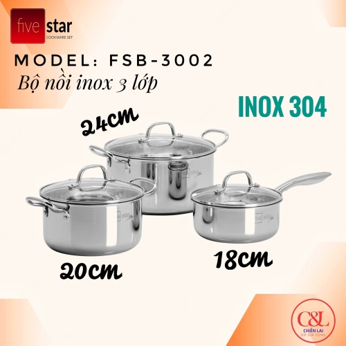 Bộ nồi inox 304 FIVESTAR 3 lớp FPB3002